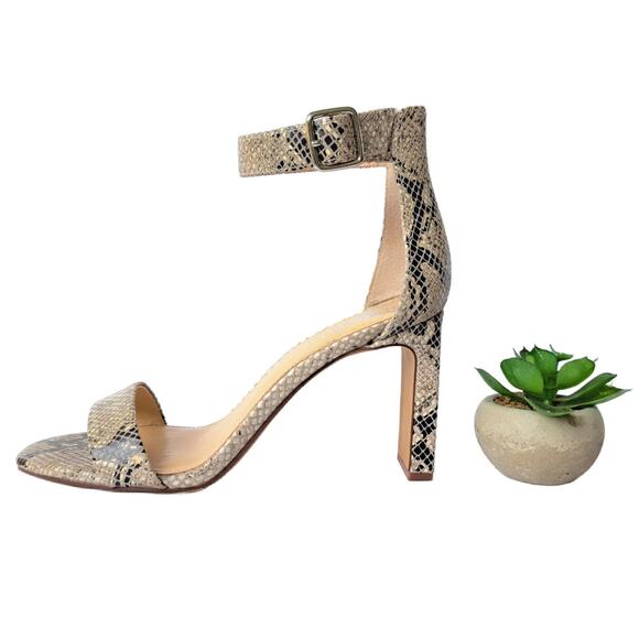 VINCE CAMUTO Bendiva Snake Embossed Leather Heels Sandal Strappy Beige SIze 8 - Picture 1 of 11